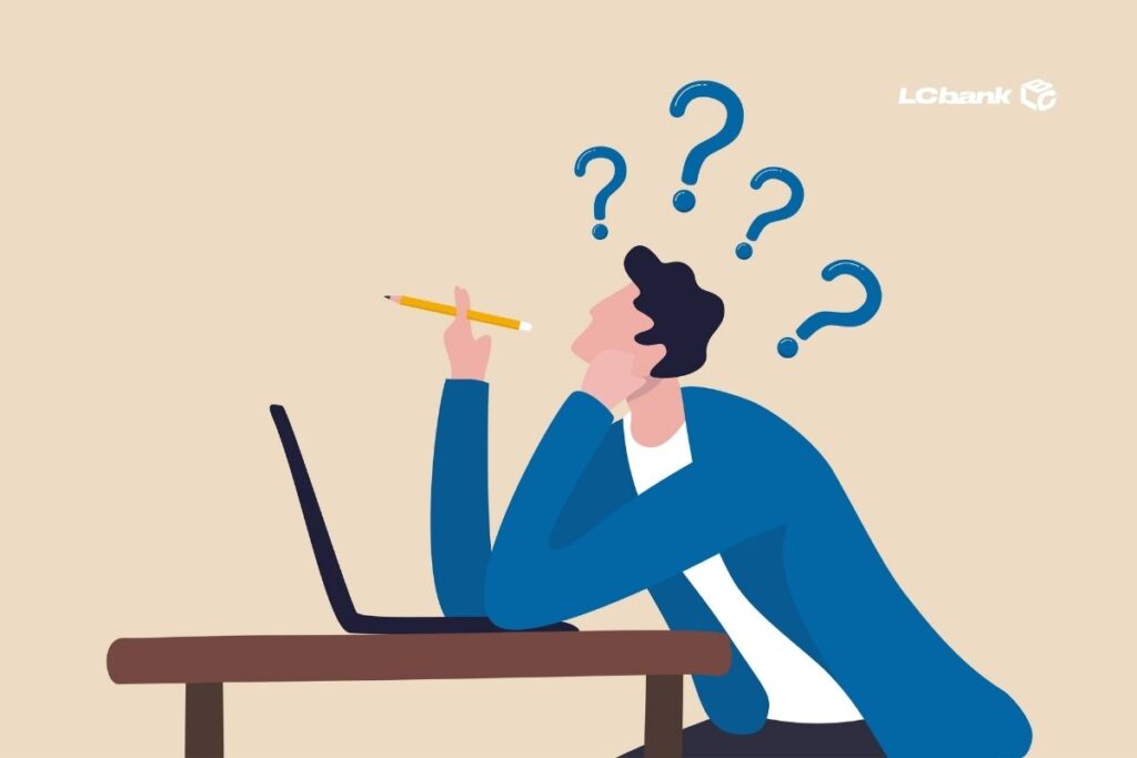 ilustração de um homem sentado com uma das mãos na cabeça com interrogações demonstrando dúvida