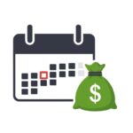 Calendário marcando data de pagamento com saco de dinheiro ao lado.