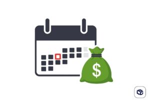 Calendário marcando data de pagamento com saco de dinheiro ao lado.