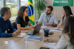Equipe em reunião de negócios discutindo projetos em sala de conferências.